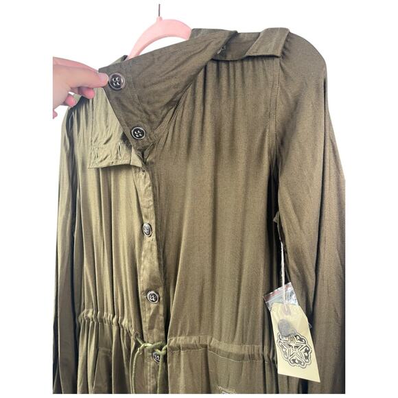 Obey olive green button front lightweight coat pockets cinch tie waist small NWT - Picture 2 of 9